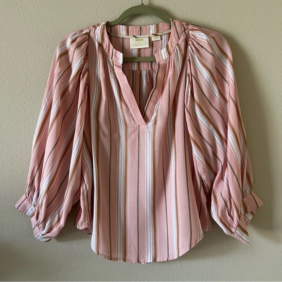 Anthropologie Maeve Byron Striped Balloon Sleeve Blouse X-Small, light pink - Picture 3 of 14